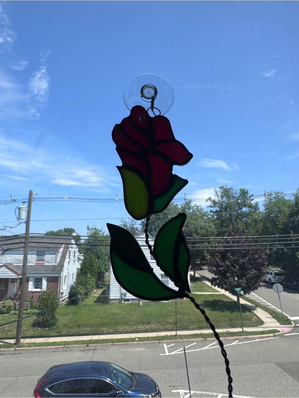 Handcrafted Red Rose Stained Glass Window Hanging
